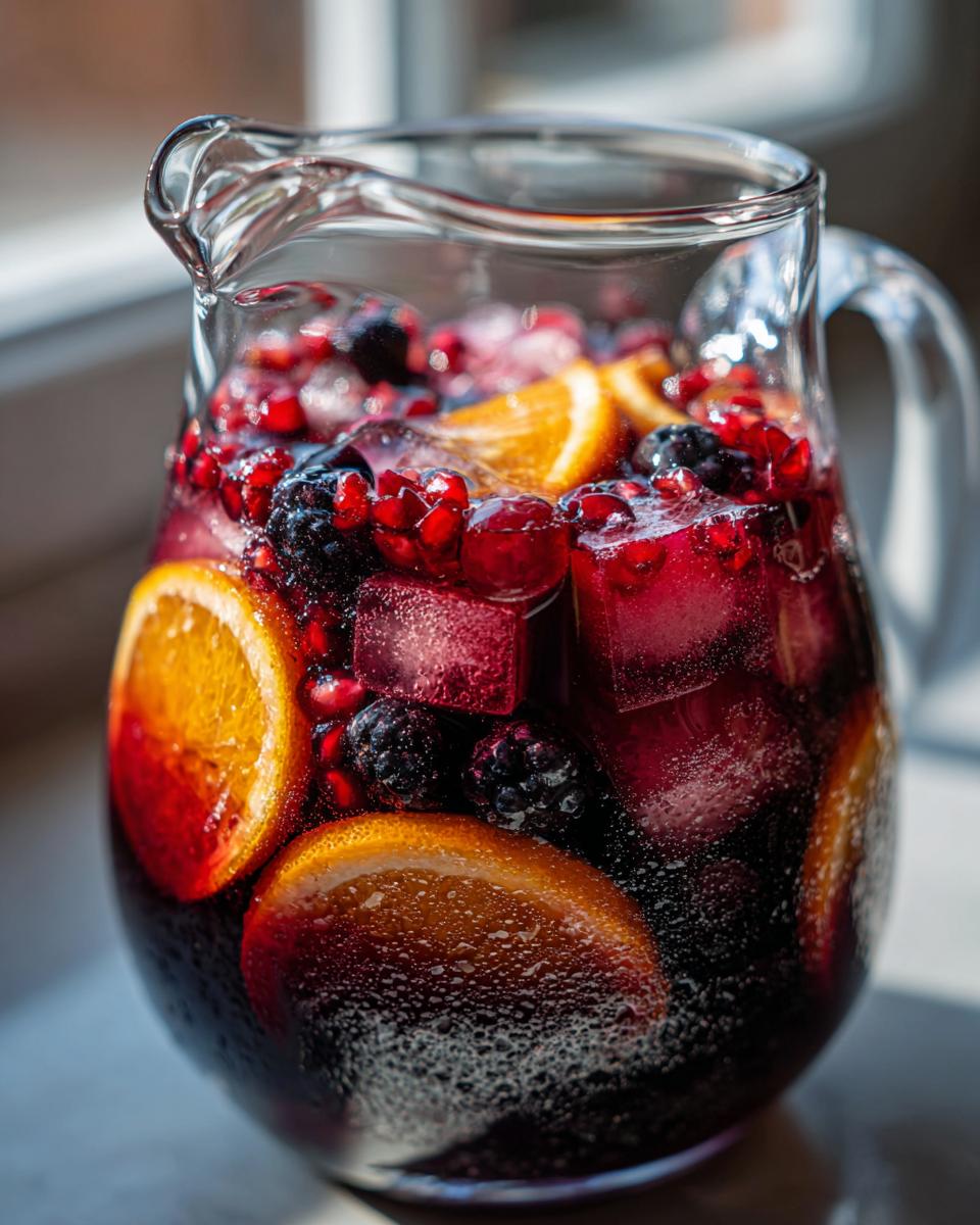 A clear glass pitcher filled with Halloween Hocus Pocus Sangria, featuring oranges, blackberries, pomegranate seeds, and ice.