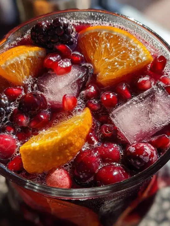 Close-up of a pitcher filled with Halloween Hocus Pocus Sangria, featuring oranges, blackberries, cranberries, and pomegranate seeds.