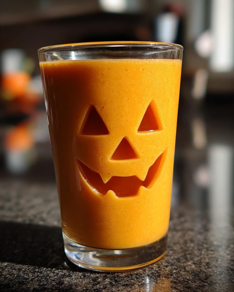 A festive Halloween Jack-O’-Lantern Smoothie served in a glass carved with a jack-o'-lantern face.