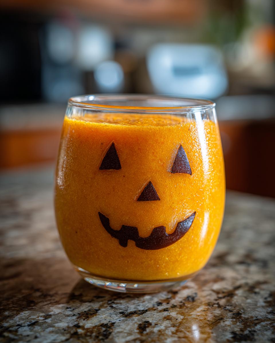 A festive Halloween Jack-O’-Lantern Smoothie in a glass, with a carved pumpkin face design.