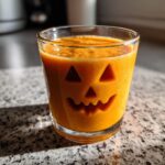 A festive Halloween Jack-O’-Lantern Smoothie in a glass, with a carved pumpkin face on the outside.
