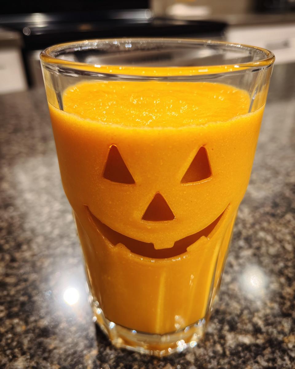 A vibrant orange Halloween Jack-O’-Lantern Smoothie served in a glass decorated with a carved pumpkin face.