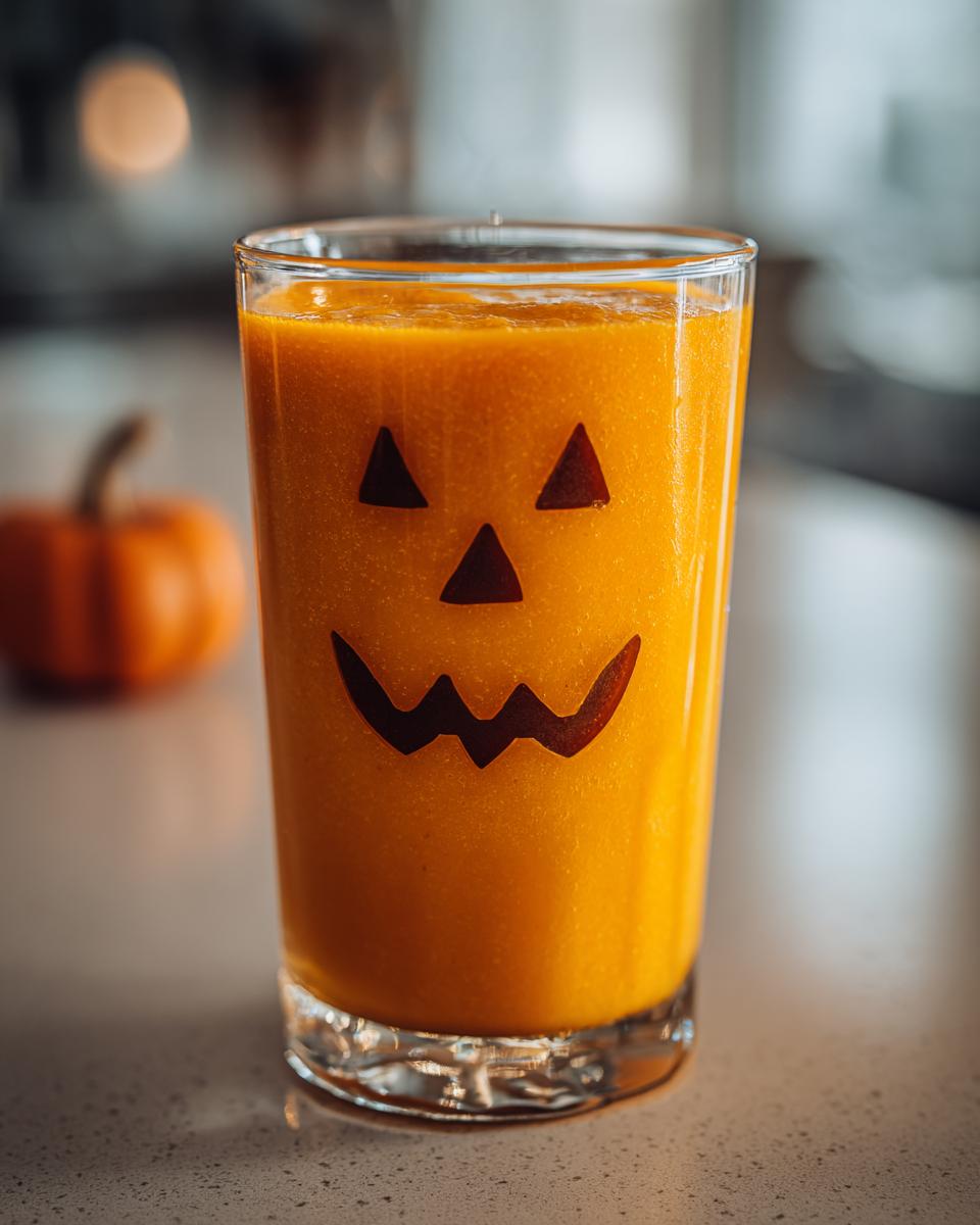 A vibrant orange Halloween Jack-O’-Lantern Smoothie in a glass, decorated with a carved pumpkin face.