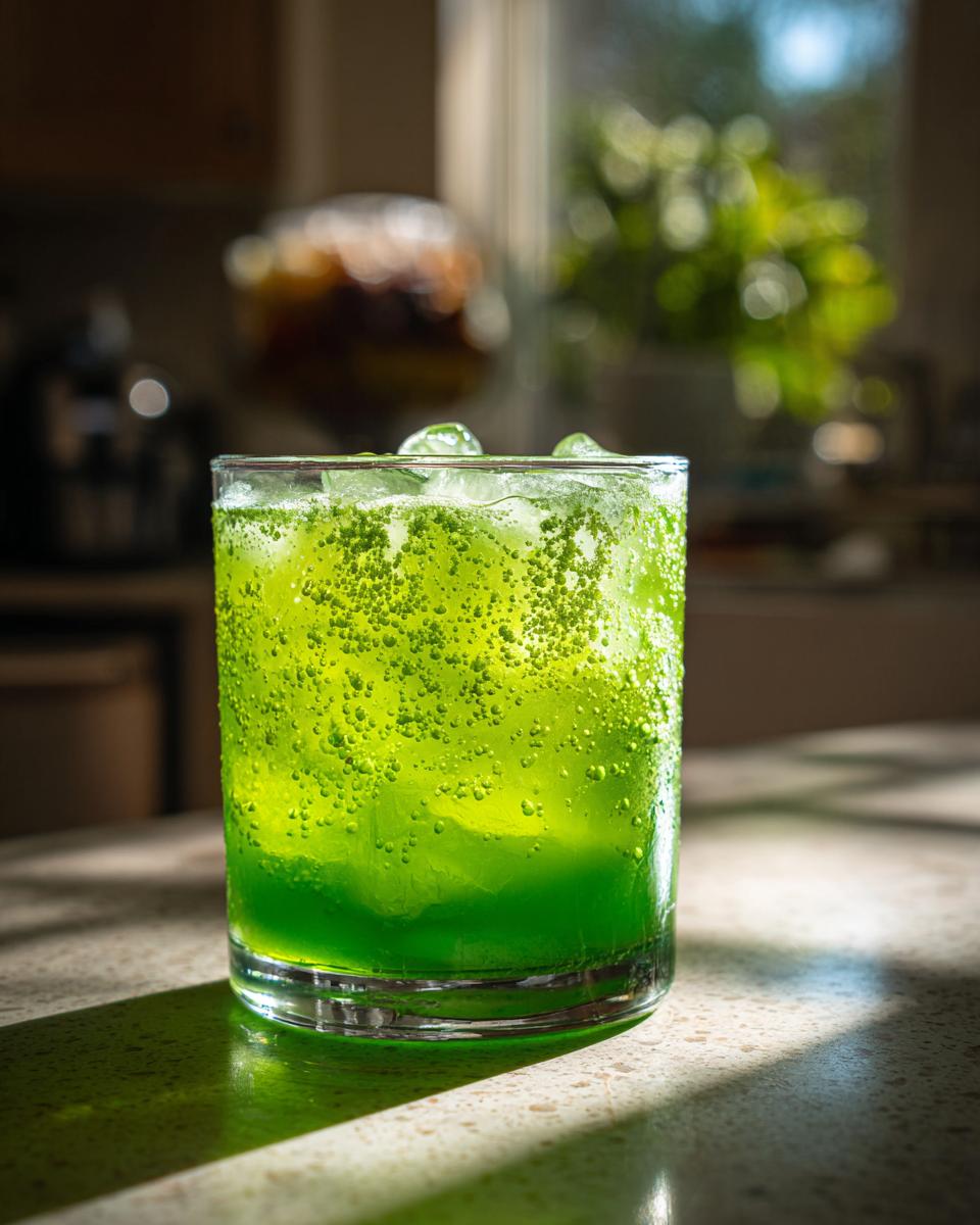 A vibrant green Halloween Poison Apple Margarita cocktail with ice and bubbles in a glass.