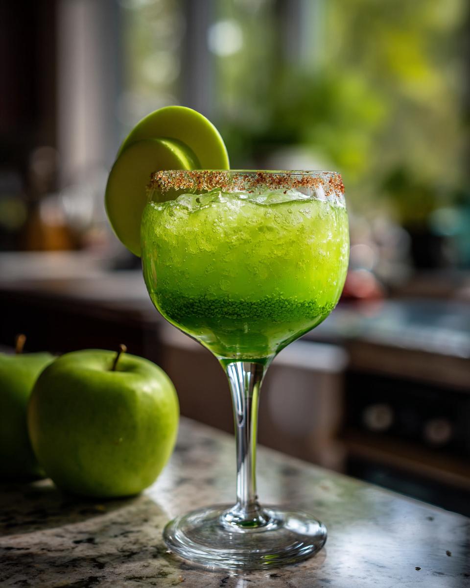 A vibrant green Halloween Poison Apple Margarita cocktail in a stemmed glass, garnished with an apple slice and rimmed with spice.