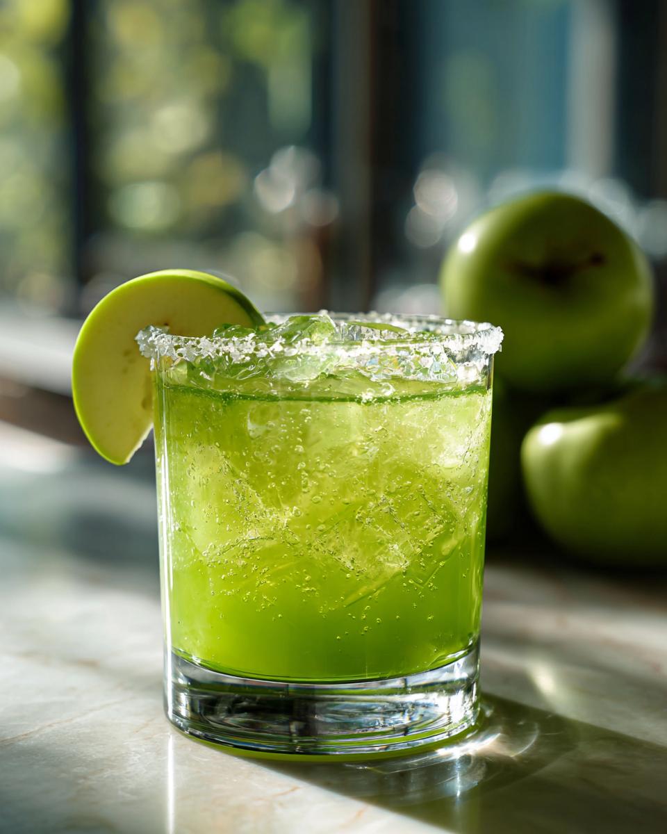 A vibrant green Halloween Poison Apple Margarita cocktail in a salt-rimmed glass, garnished with an apple slice and filled with ice.