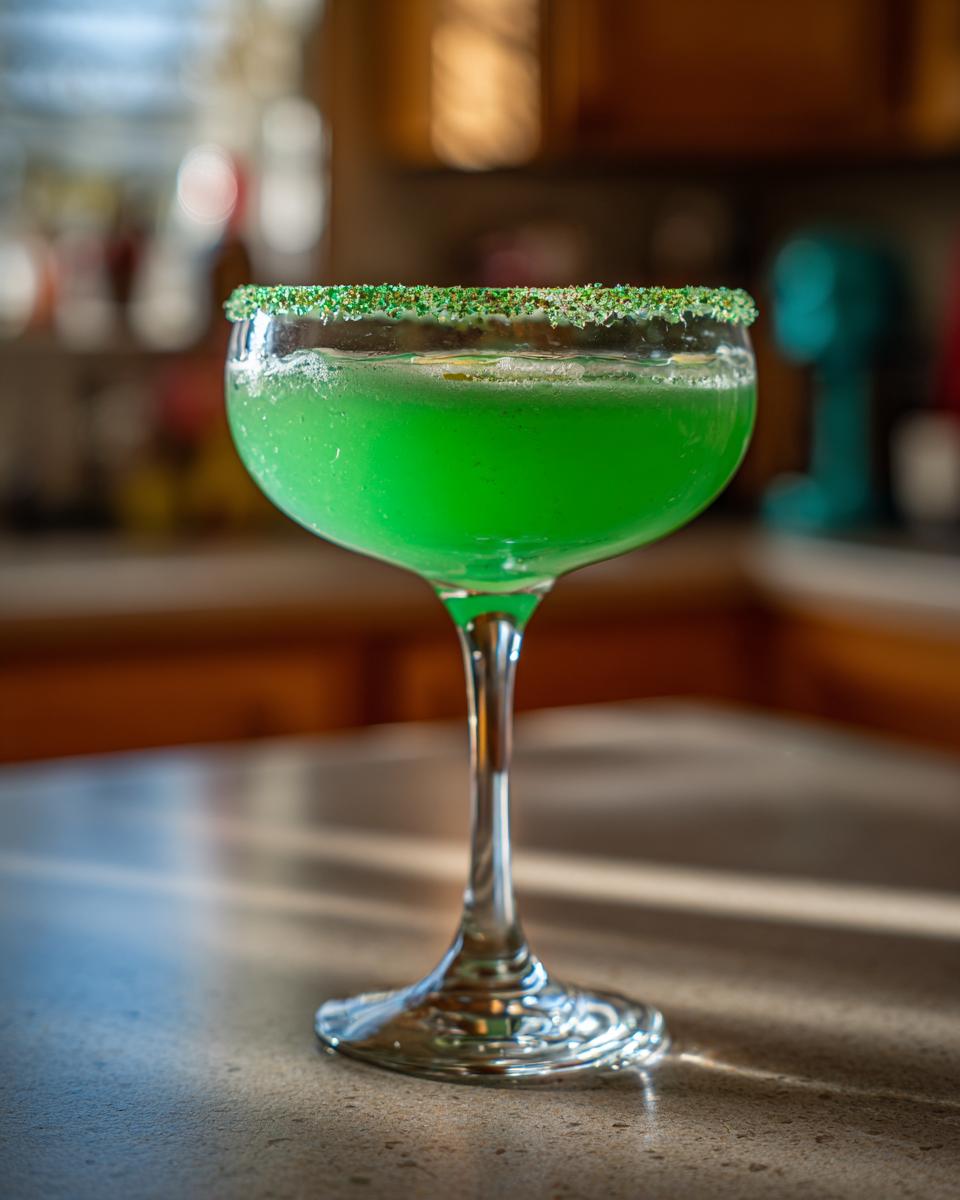 A vibrant green Halloween Poison Apple Margarita in a coupe glass with a green sugar rim.