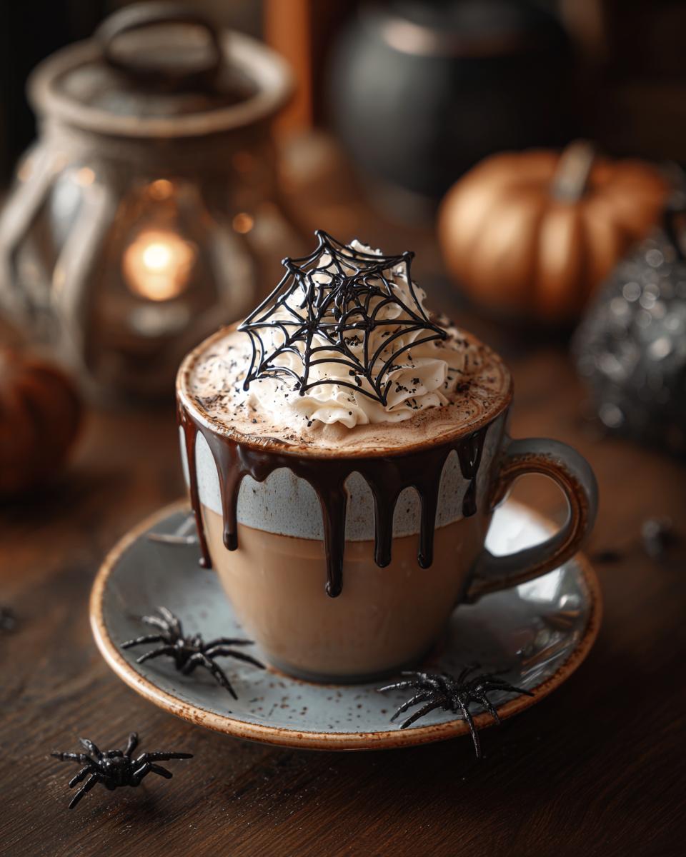 A festive Halloween Spiderweb Mocha topped with whipped cream and a chocolate spiderweb garnish, surrounded by Halloween decorations.