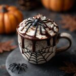 A festive Halloween Spiderweb Mocha topped with whipped cream, chocolate drizzle, and a plastic spider.