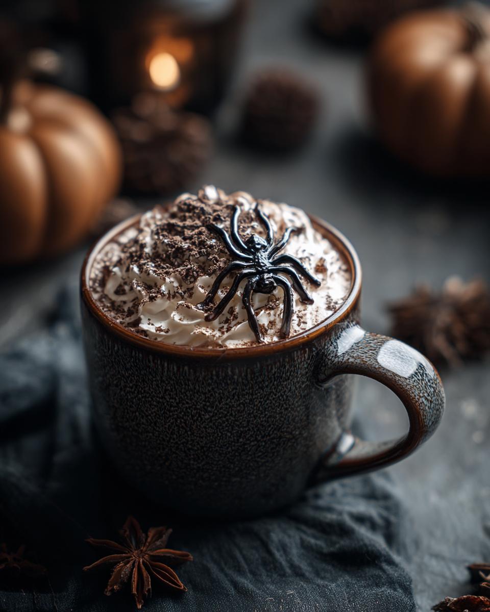 A dark mug filled with Halloween Spiderweb Mocha, topped with whipped cream, chocolate shavings, and a plastic spider.