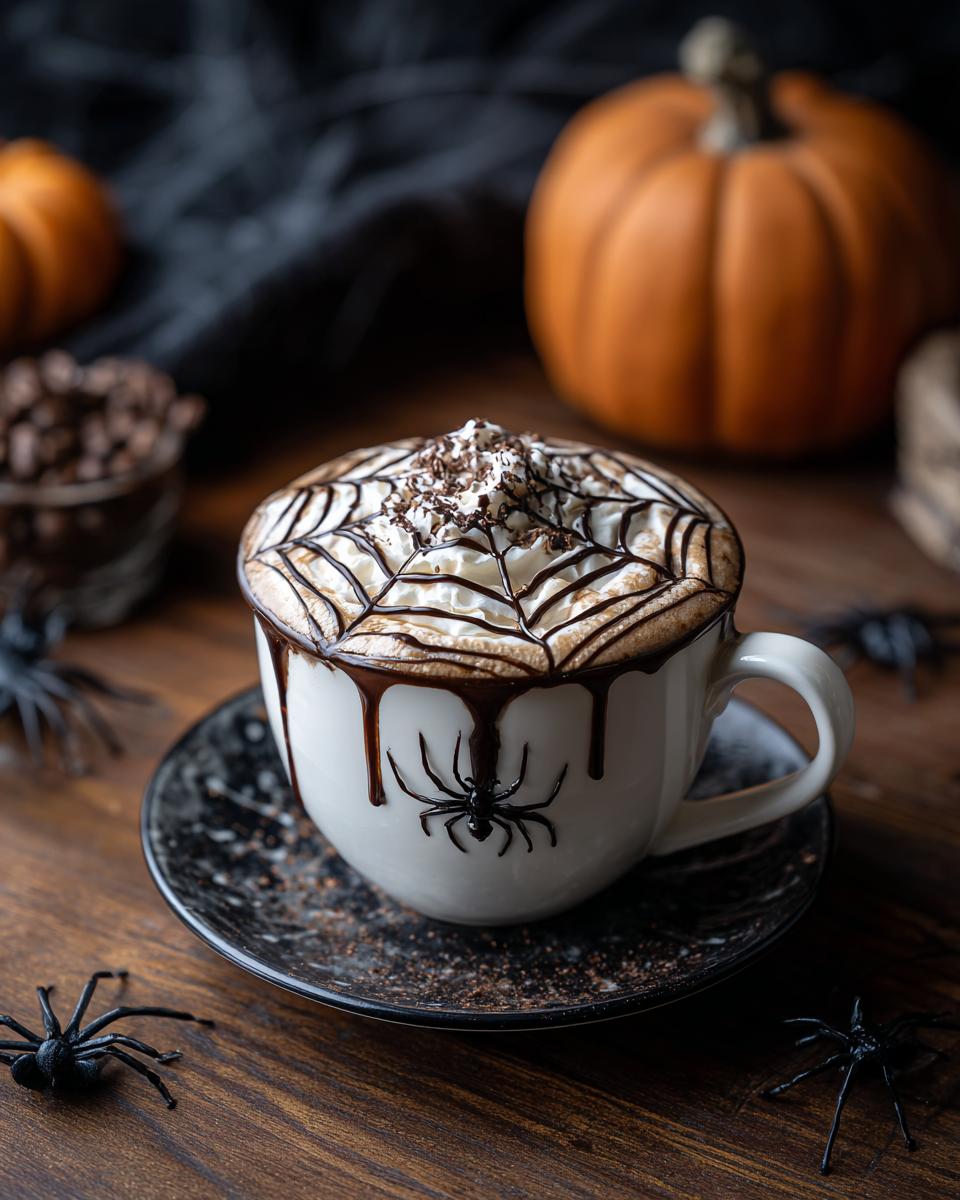 A festive Halloween Spiderweb Mocha topped with whipped cream and chocolate drizzle, with pumpkins and spiders in the background.