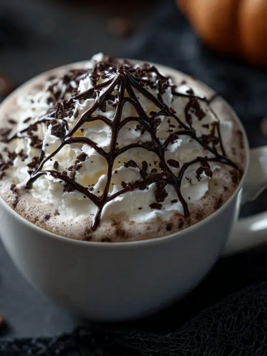 A white mug filled with Halloween Spiderweb Mocha, topped with whipped cream and a chocolate spiderweb design.