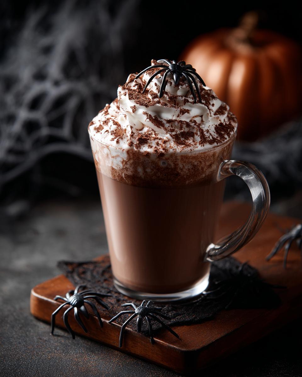 A festive Halloween Spiderweb Mocha topped with whipped cream, cocoa powder, and a plastic spider.