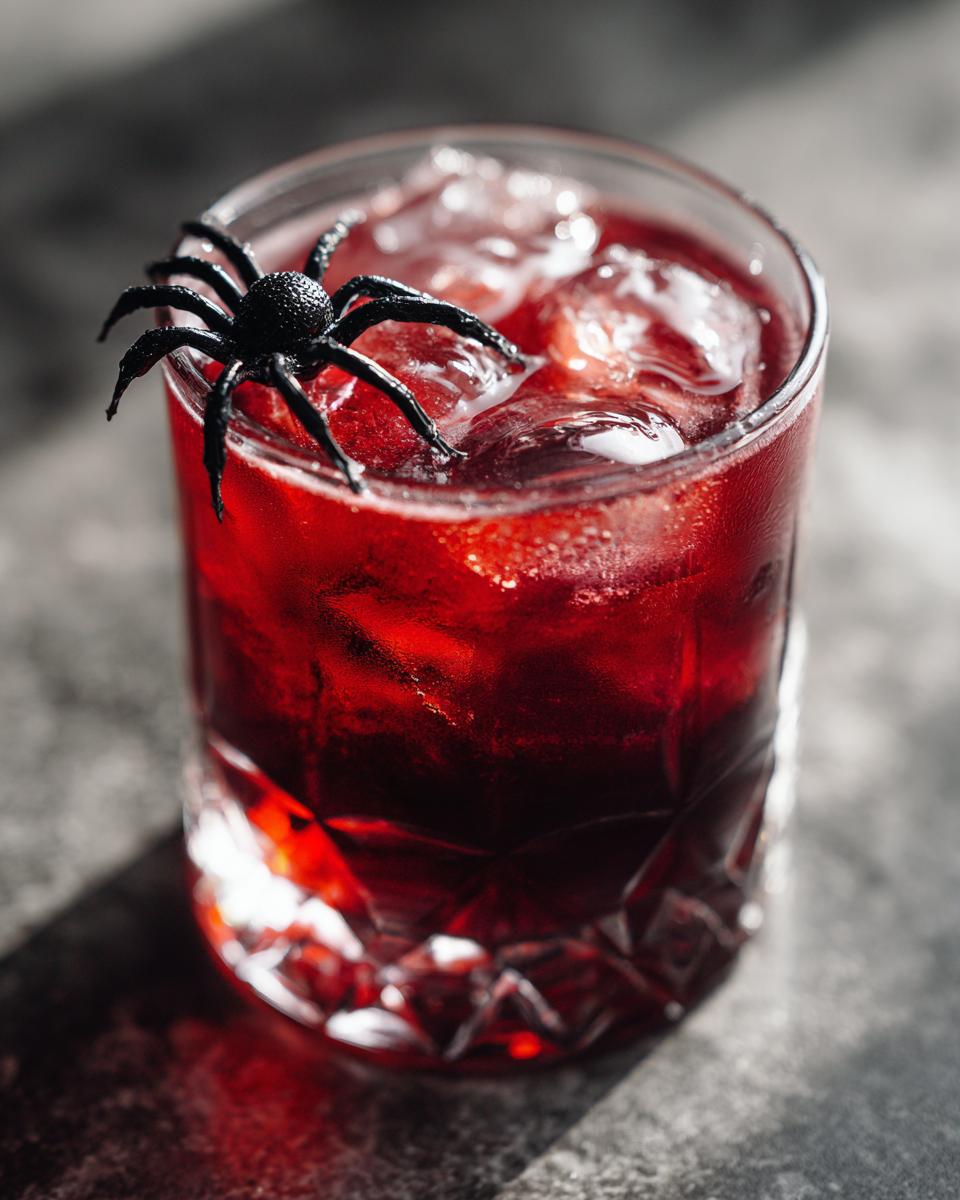 A spooky Halloween Vampire's Kiss Cocktail in a glass, garnished with a plastic spider and filled with ice.