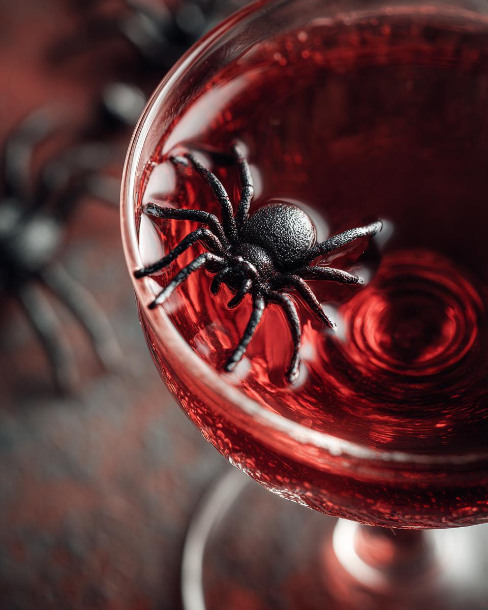 A spooky Halloween Vampire's Kiss Cocktail in a glass, garnished with a black plastic spider.