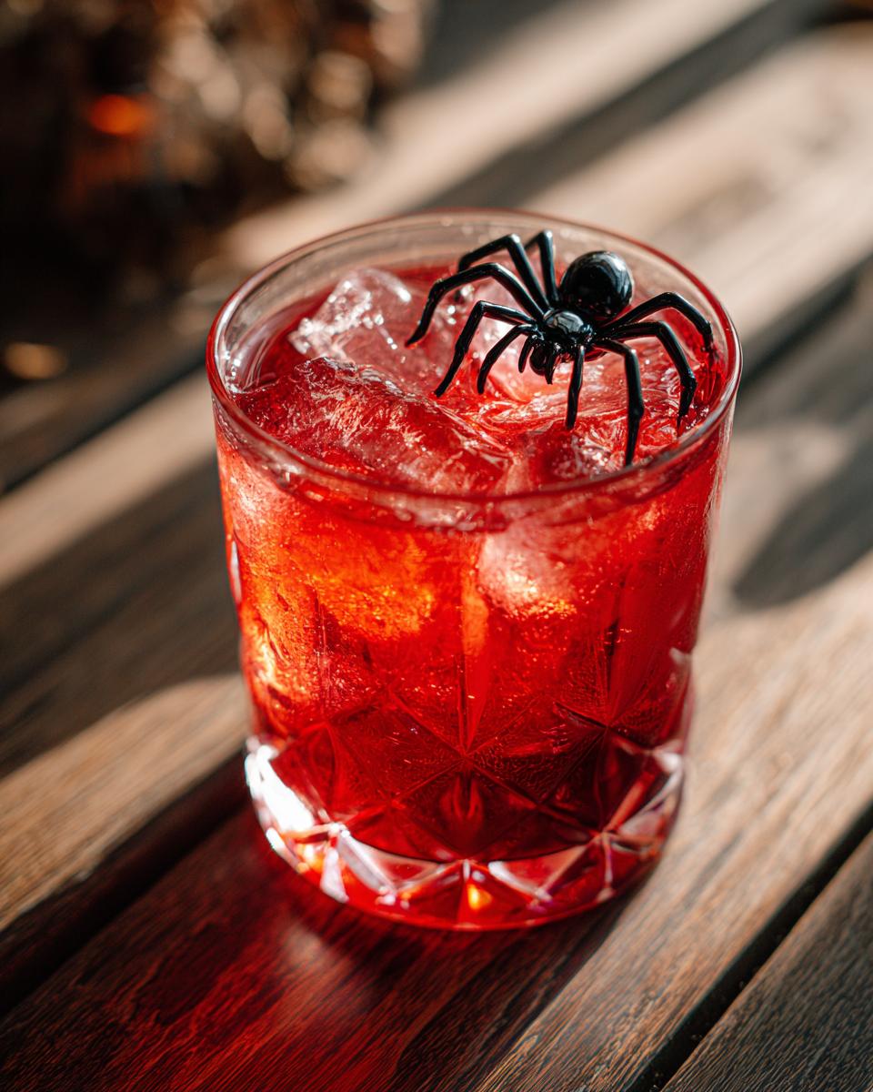 A spooky Halloween Vampire's Kiss Cocktail with ice and a black spider garnish.
