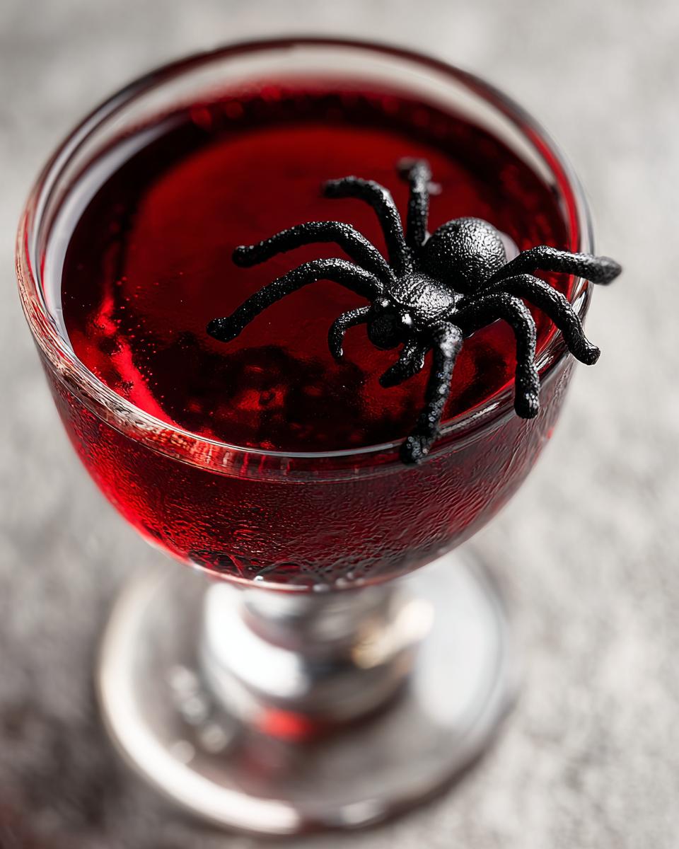 A spooky Halloween Vampire's Kiss Cocktail in a coupe glass, garnished with a black plastic spider.