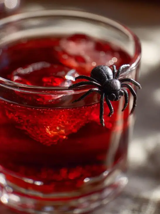 Close-up of a Halloween Vampire's Kiss Cocktail in a glass, garnished with a black spider.
