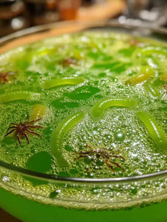 A close-up of a bubbling green Halloween Witches' Brew Punch in a glass bowl, with gummy worms and plastic spiders floating on top.