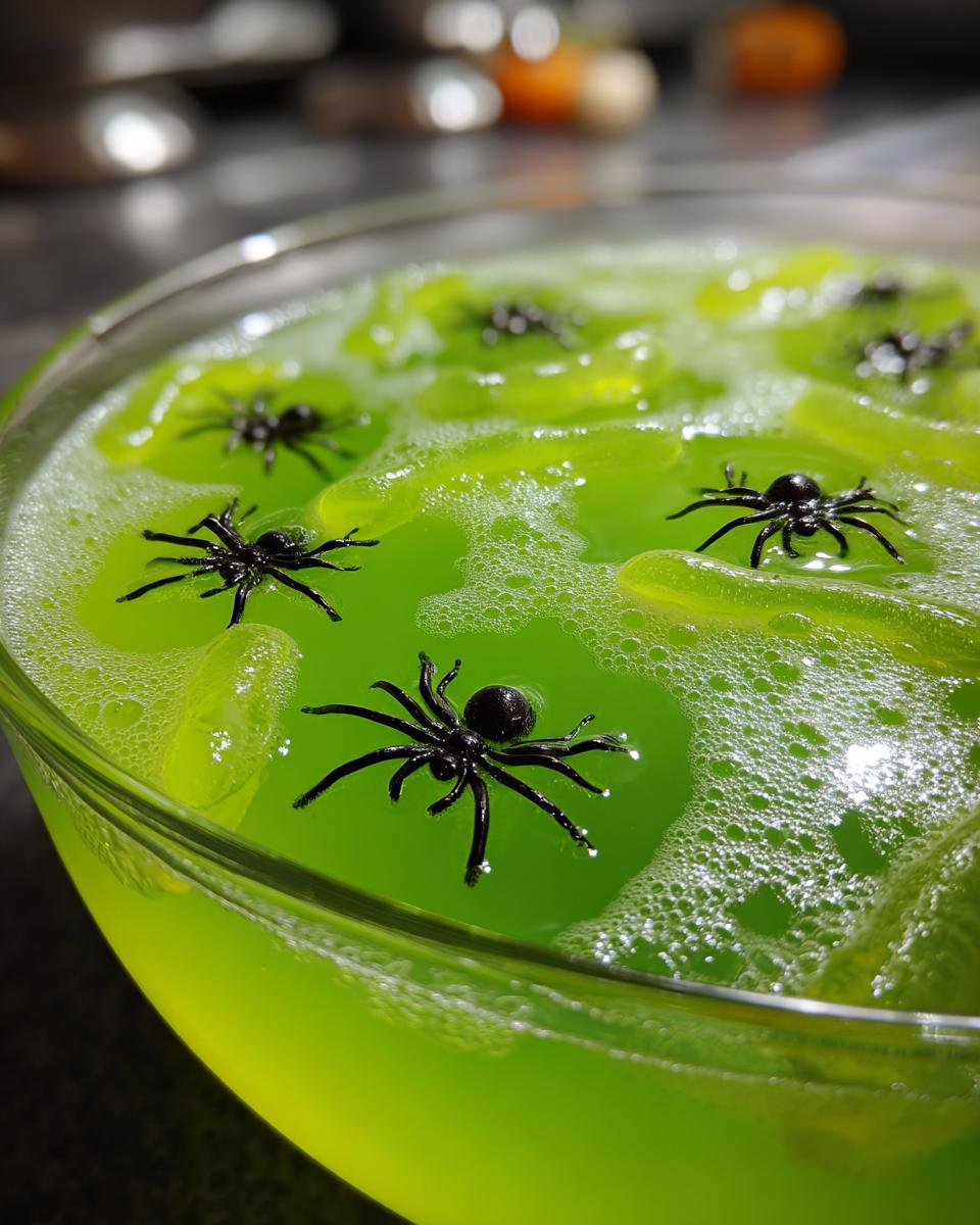Close-up of a bright green Halloween Witches' Brew Punch in a glass bowl, decorated with plastic spiders.