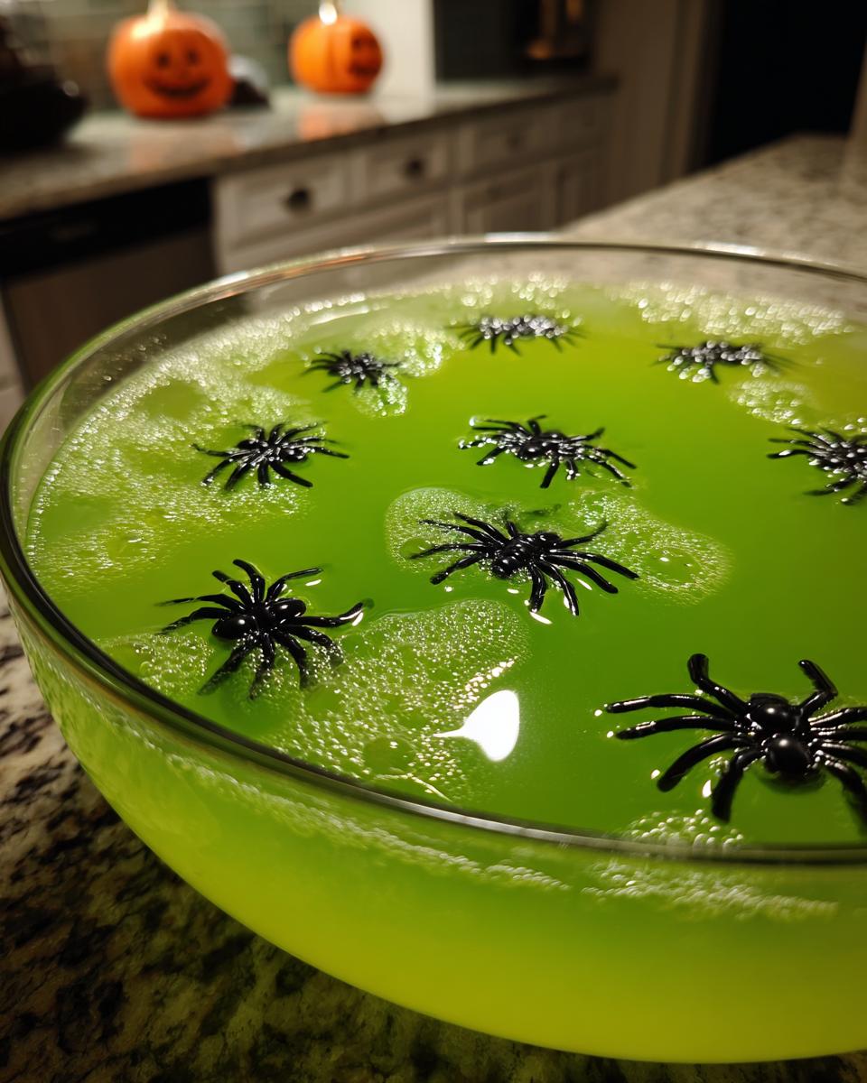 A large glass bowl filled with bright green Halloween Witches’ Brew Punch, decorated with black plastic spiders floating on top.