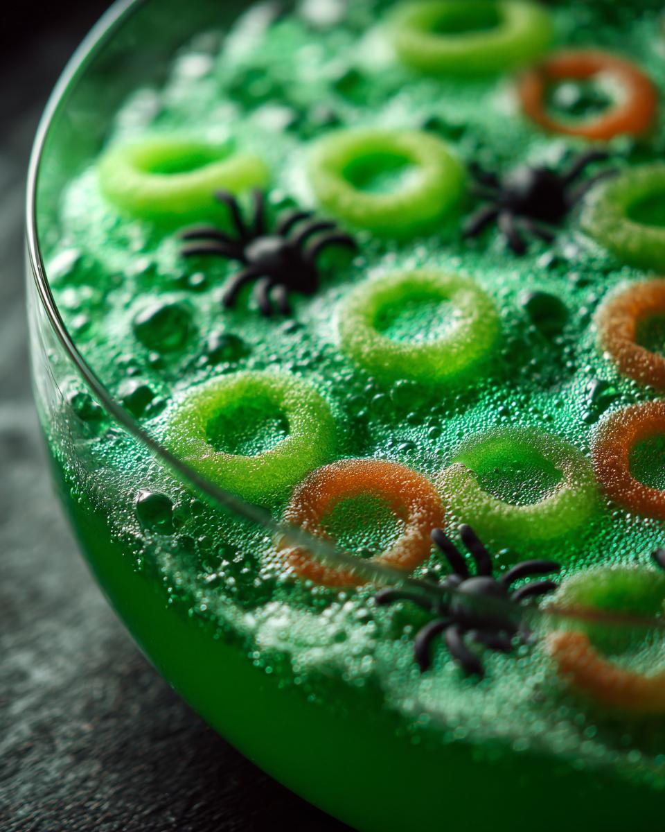 A close-up of a bubbling green Halloween Witches' Brew Punch with green and orange rings and plastic spiders.