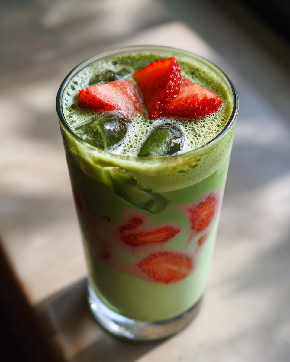 Close-up of a tall glass filled with an Iced Strawberry Matcha Latte, featuring layers of matcha, milk, sliced strawberries, and ice.