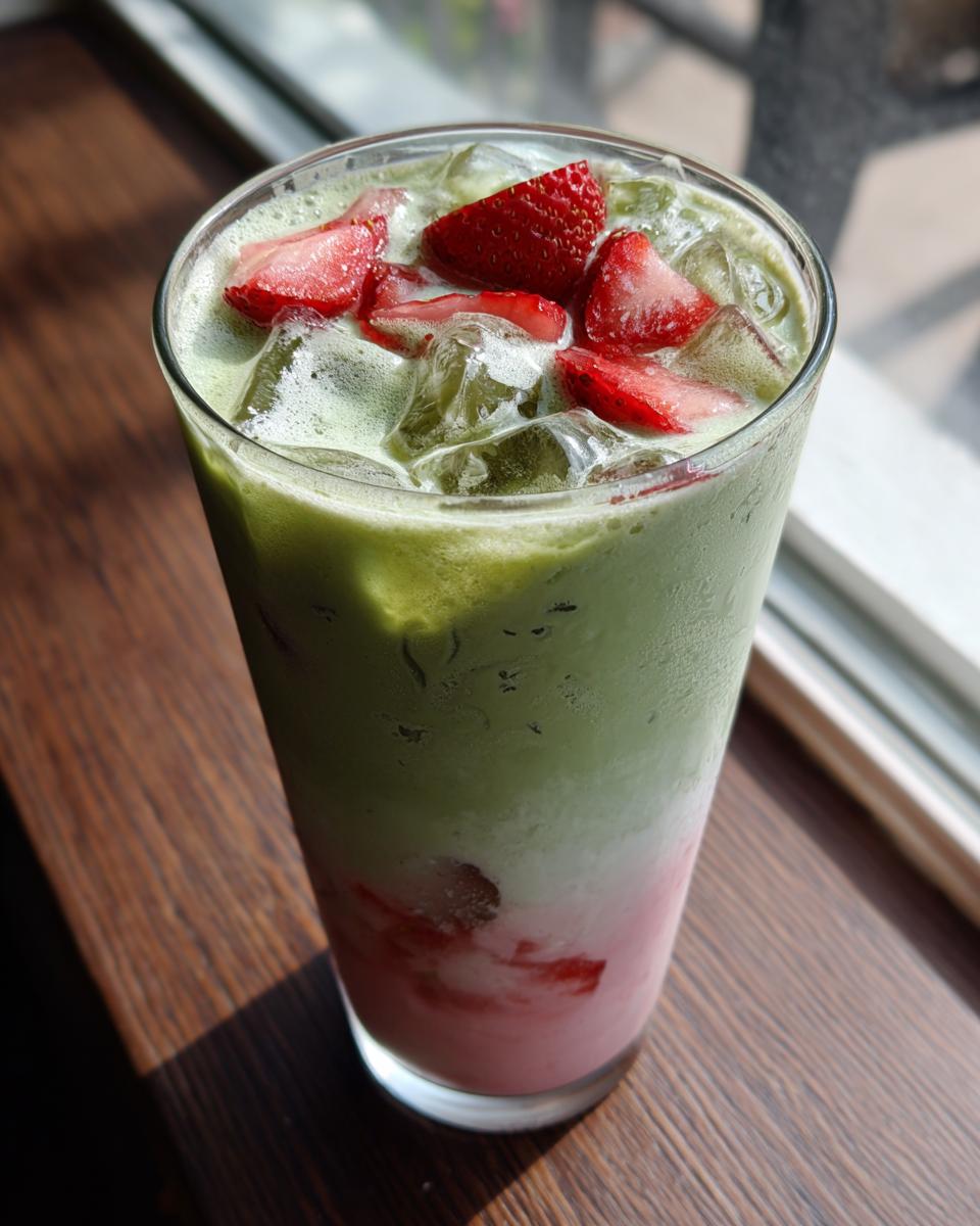 Close-up of a tall glass filled with an Iced Strawberry Matcha Latte, featuring layers of pink strawberry milk, white cream, and green matcha, topped with ice and fresh strawberry slices.