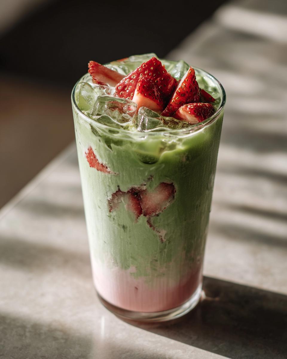 A tall glass filled with an Iced Strawberry Matcha Latte, layered with pink strawberry syrup, green matcha, and topped with fresh strawberries and ice.