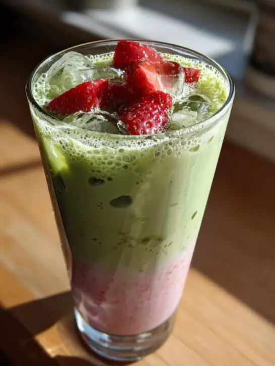 A tall glass of Iced Strawberry Matcha Latte with layers of pink strawberry and green matcha, topped with ice and fresh strawberries.