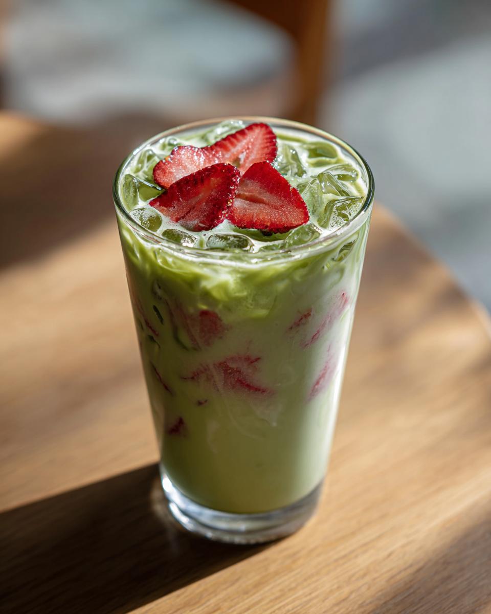 A tall glass filled with an Iced Strawberry Matcha Latte, topped with fresh strawberry slices and ice.