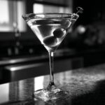 A classic New Year’s Eve Black Tie Martini served in a chilled glass with three olives on a cocktail pick.
