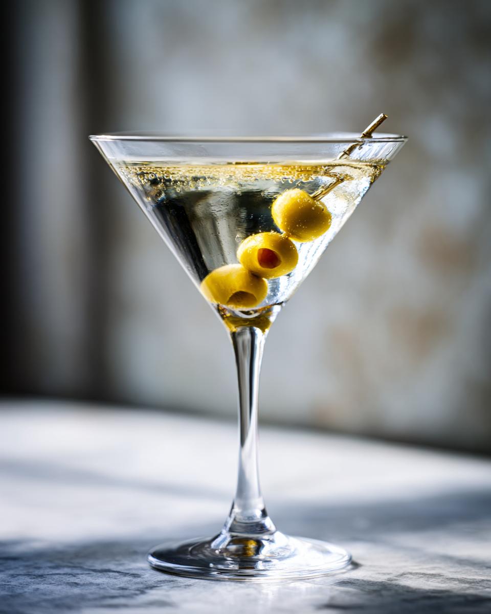 A classic New Year’s Eve Black Tie Martini garnished with three green olives on a cocktail pick.