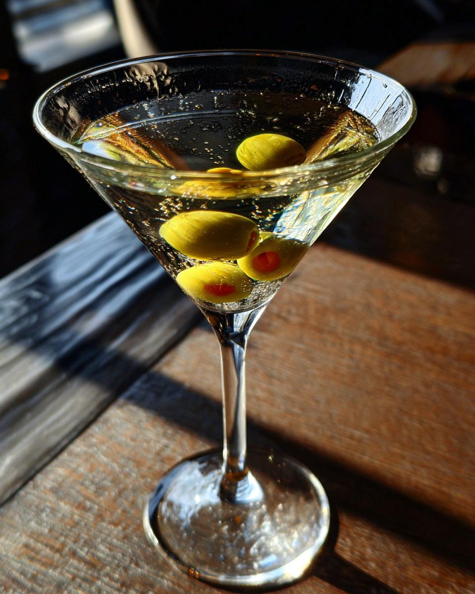 A classic New Year’s Eve Black Tie Martini garnished with three green olives, served in a chilled martini glass.