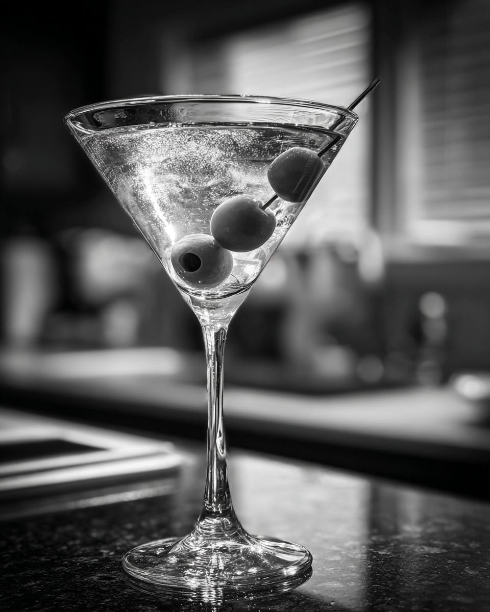 A classic New Year’s Eve Black Tie Martini garnished with three olives on a cocktail pick.