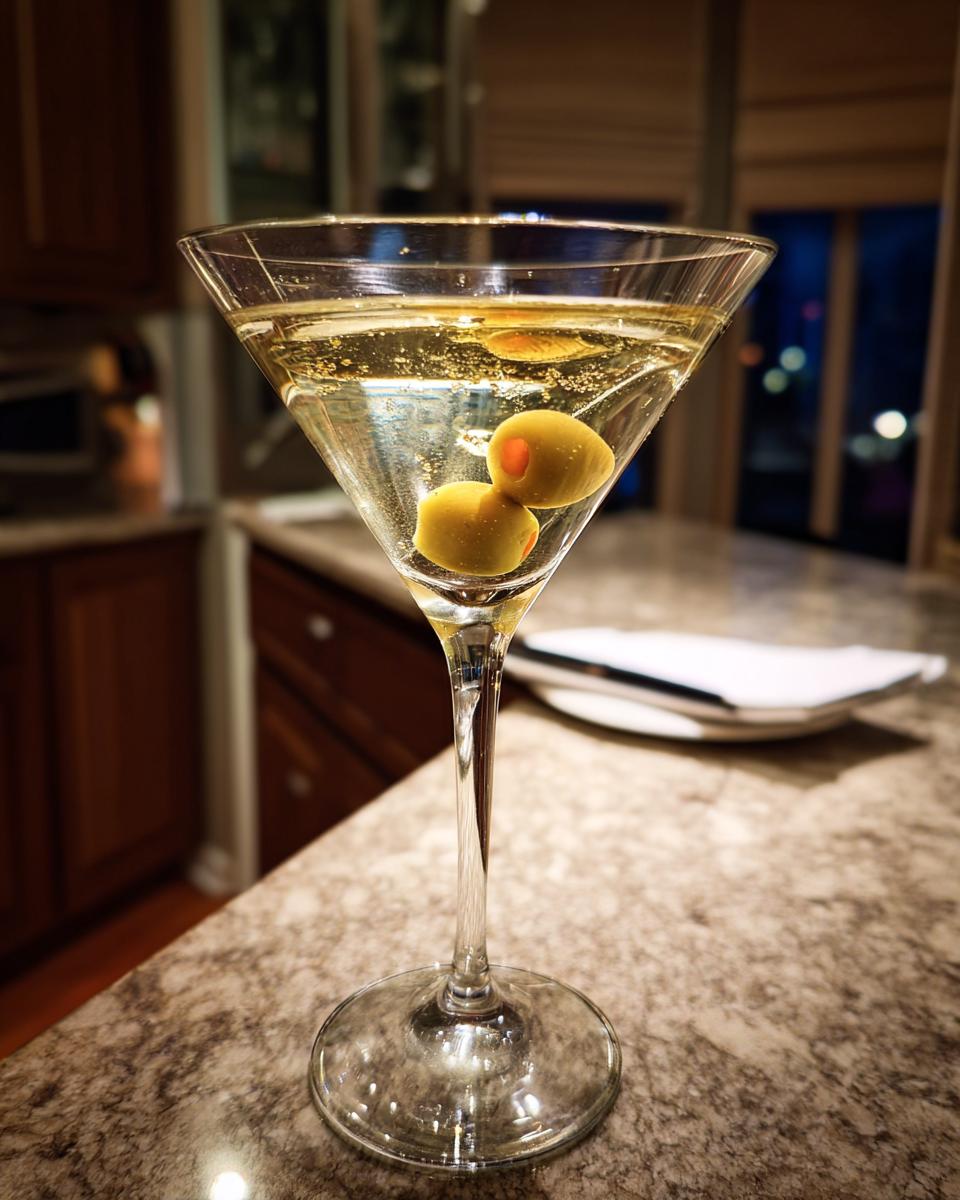 A classic New Year’s Eve Black Tie Martini with two olives, garnished and ready to serve.