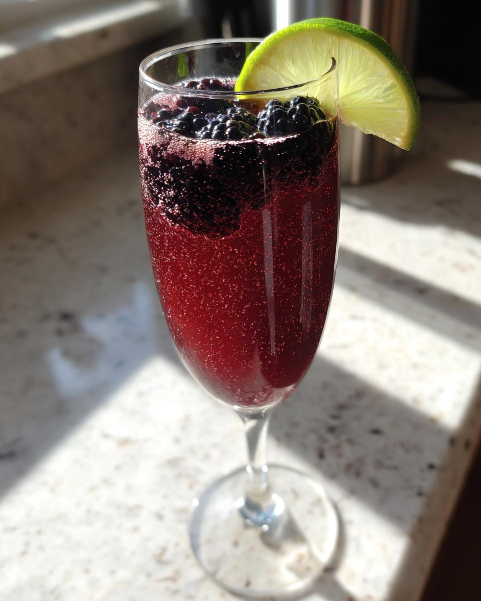 A refreshing New Year’s Eve Blackberry Sparkler cocktail in a champagne flute, garnished with fresh blackberries and a lime wedge.