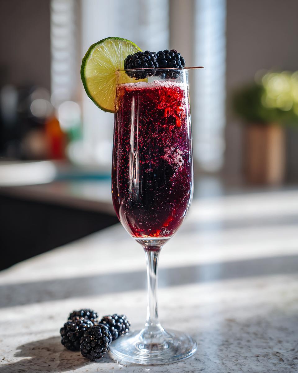 A festive New Year’s Eve Blackberry Sparkler cocktail in a champagne flute, garnished with blackberries and a lime slice.