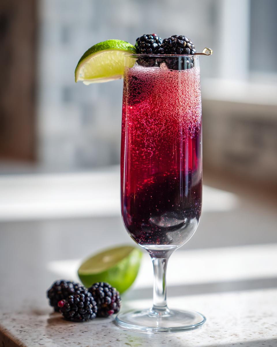 A festive New Year’s Eve Blackberry Sparkler cocktail in a champagne flute, garnished with blackberries and lime.