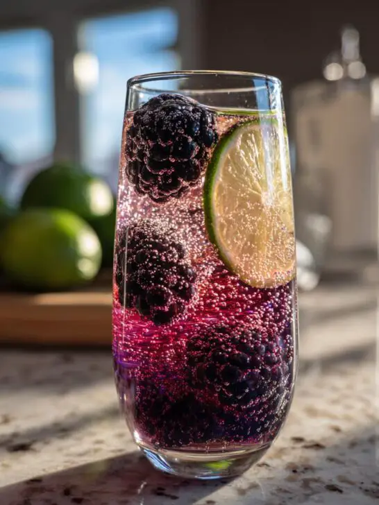 Close-up of a New Year’s Eve Blackberry Sparkler with fresh blackberries, lime, and bubbles.