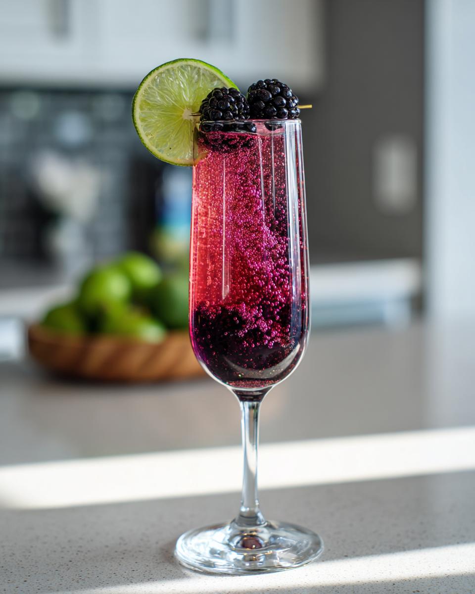 A New Year’s Eve Blackberry Sparkler cocktail in a champagne flute, garnished with blackberries and a lime slice.