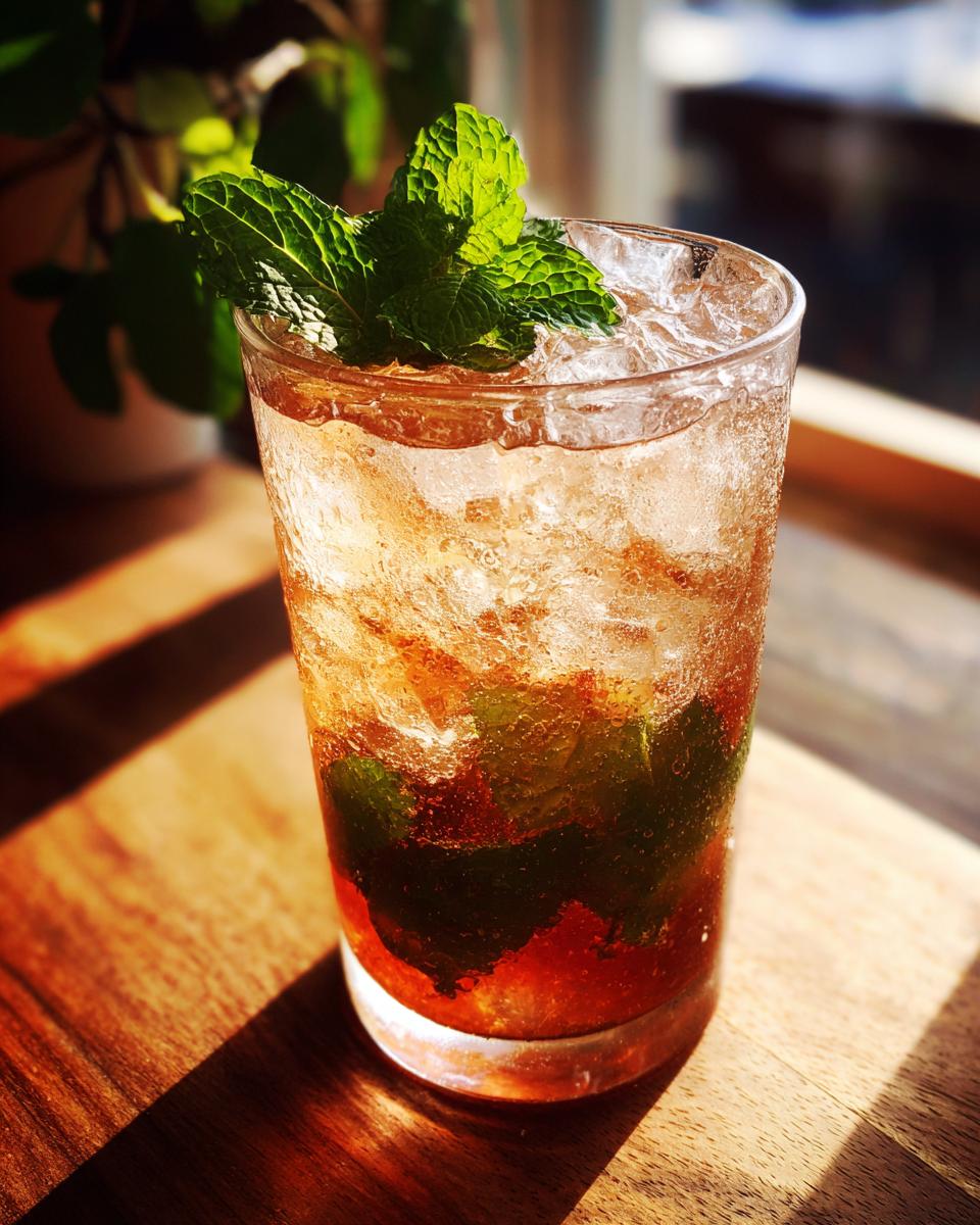 A refreshing New Year’s Eve Champagne Mojito cocktail with mint and ice, garnished with fresh mint leaves.