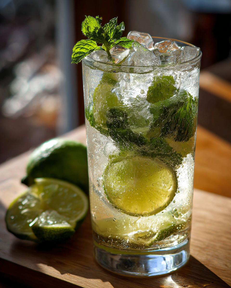 A refreshing New Year’s Eve Champagne Mojito cocktail with fresh mint, lime slices, and ice in a tall glass.