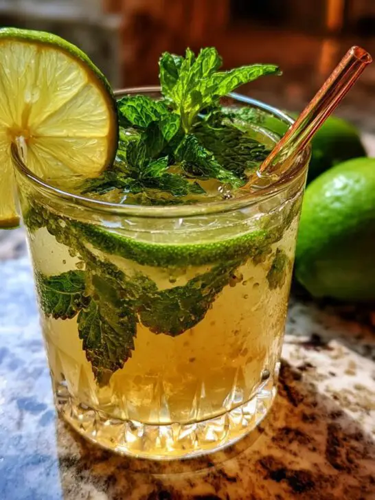 A refreshing New Year’s Eve Champagne Mojito cocktail garnished with mint and lime, perfect for celebrations.