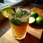 A refreshing New Year’s Eve Champagne Mojito cocktail with mint and lime, served over ice.
