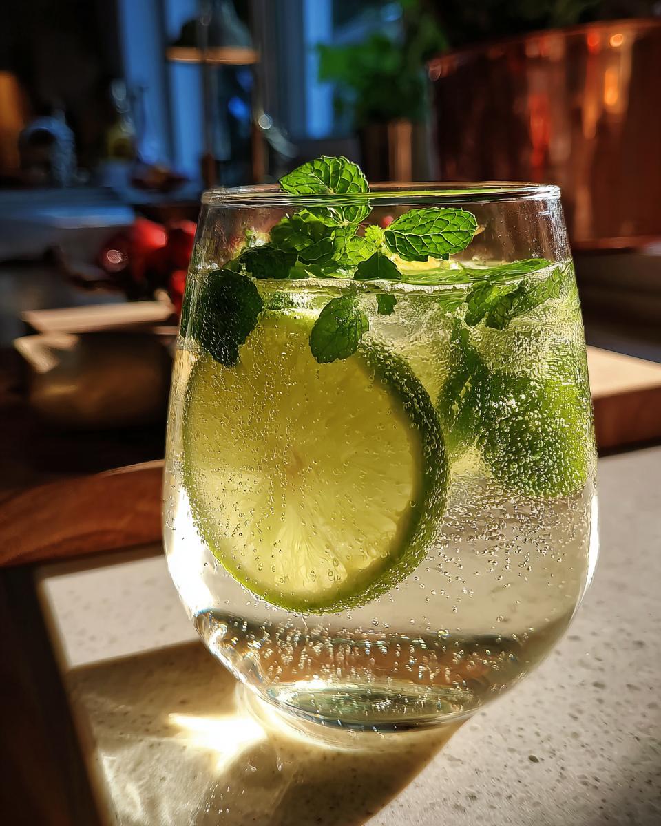 A refreshing New Year's Eve Champagne Mojito cocktail garnished with lime slices and fresh mint leaves, with bubbles and ice.