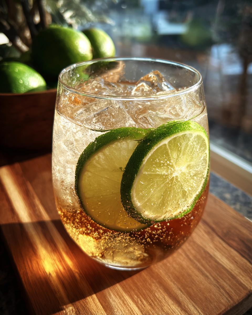 A refreshing New Year’s Eve Champagne Mojito cocktail garnished with two lime slices and filled with ice and bubbles.