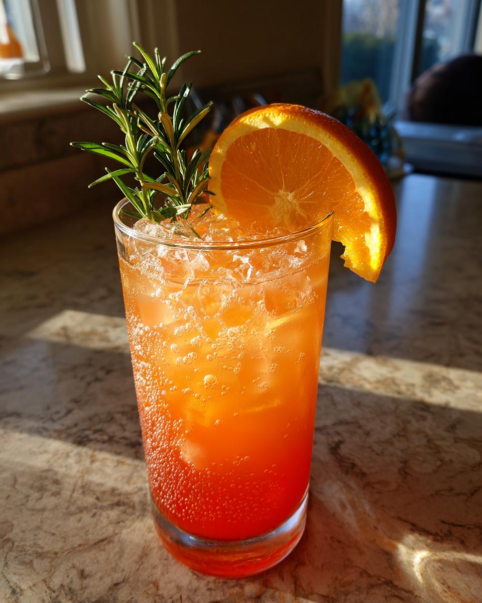 A refreshing New Year’s Eve Citrus Sparkler Mocktail with orange slice and rosemary garnish.