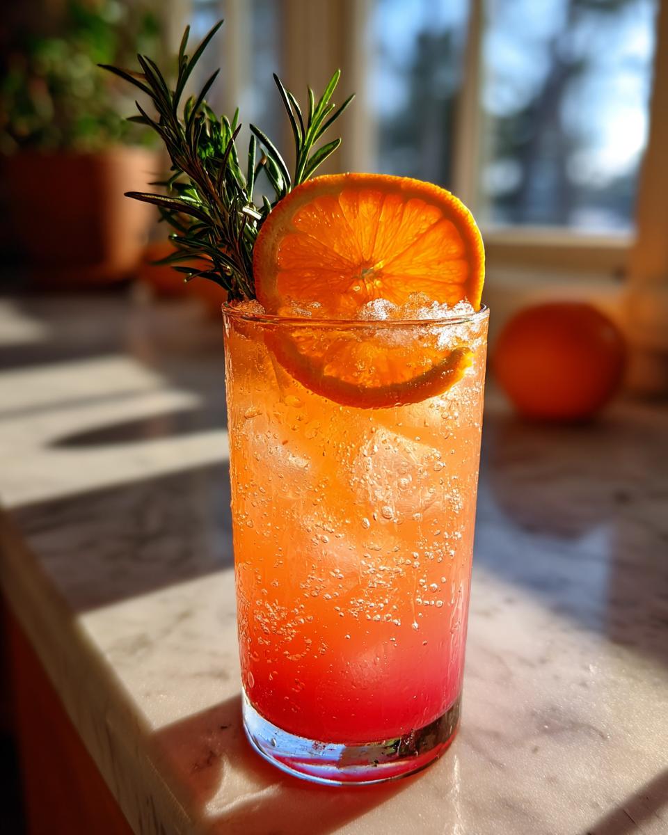 A vibrant New Year’s Eve Citrus Sparkler Mocktail garnished with orange slice and rosemary, filled with ice and bubbles.