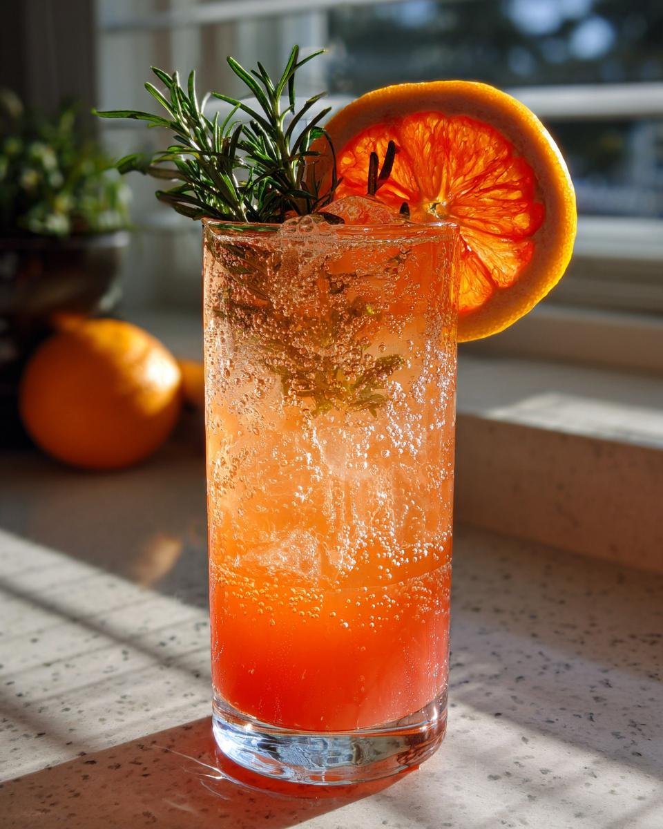A refreshing New Year’s Eve Citrus Sparkler Mocktail garnished with a grapefruit slice and rosemary.
